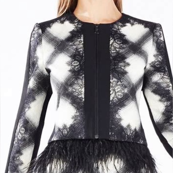 BCBG Quincy Ostrich Feather Trim Lace Detail Black White Crop Blazer Jacket 🖤 - Picture 4 of 16